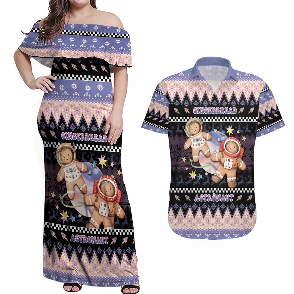 Astronaut Christmas Couples Matching Off Shoulder Maxi Dress and Hawaiian Shirt Gingerbread In Space - Wonder Print Shop