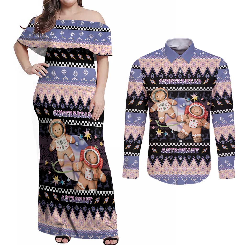Astronaut Christmas Couples Matching Off Shoulder Maxi Dress and Long Sleeve Button Shirt Gingerbread In Space - Wonder Print Shop