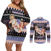 Astronaut Christmas Couples Matching Off Shoulder Short Dress and Long Sleeve Button Shirt Gingerbread In Space - Wonder Print Shop