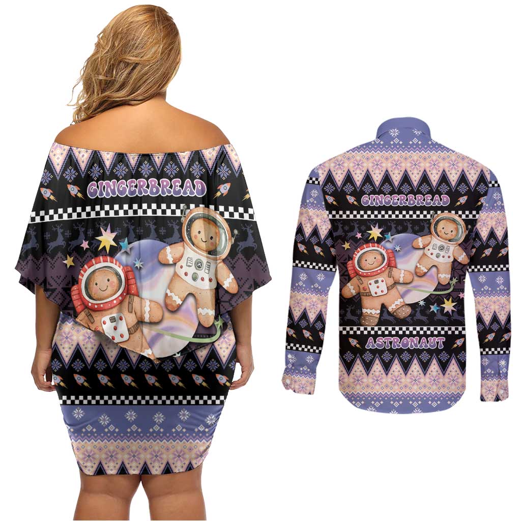 Astronaut Christmas Couples Matching Off Shoulder Short Dress and Long Sleeve Button Shirt Gingerbread In Space - Wonder Print Shop