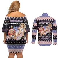 Astronaut Christmas Couples Matching Off Shoulder Short Dress and Long Sleeve Button Shirt Gingerbread In Space - Wonder Print Shop