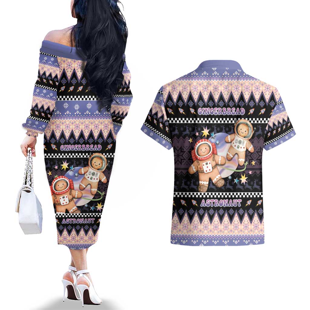 Astronaut Christmas Couples Matching Off The Shoulder Long Sleeve Dress and Hawaiian Shirt Gingerbread In Space - Wonder Print Shop