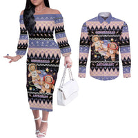 Astronaut Christmas Couples Matching Off The Shoulder Long Sleeve Dress and Long Sleeve Button Shirt Gingerbread In Space - Wonder Print Shop