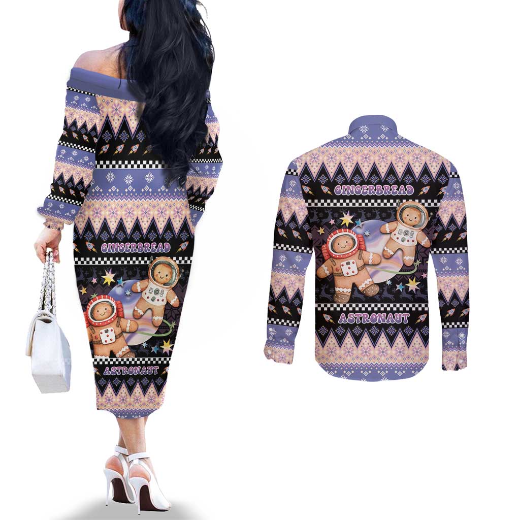 Astronaut Christmas Couples Matching Off The Shoulder Long Sleeve Dress and Long Sleeve Button Shirt Gingerbread In Space - Wonder Print Shop