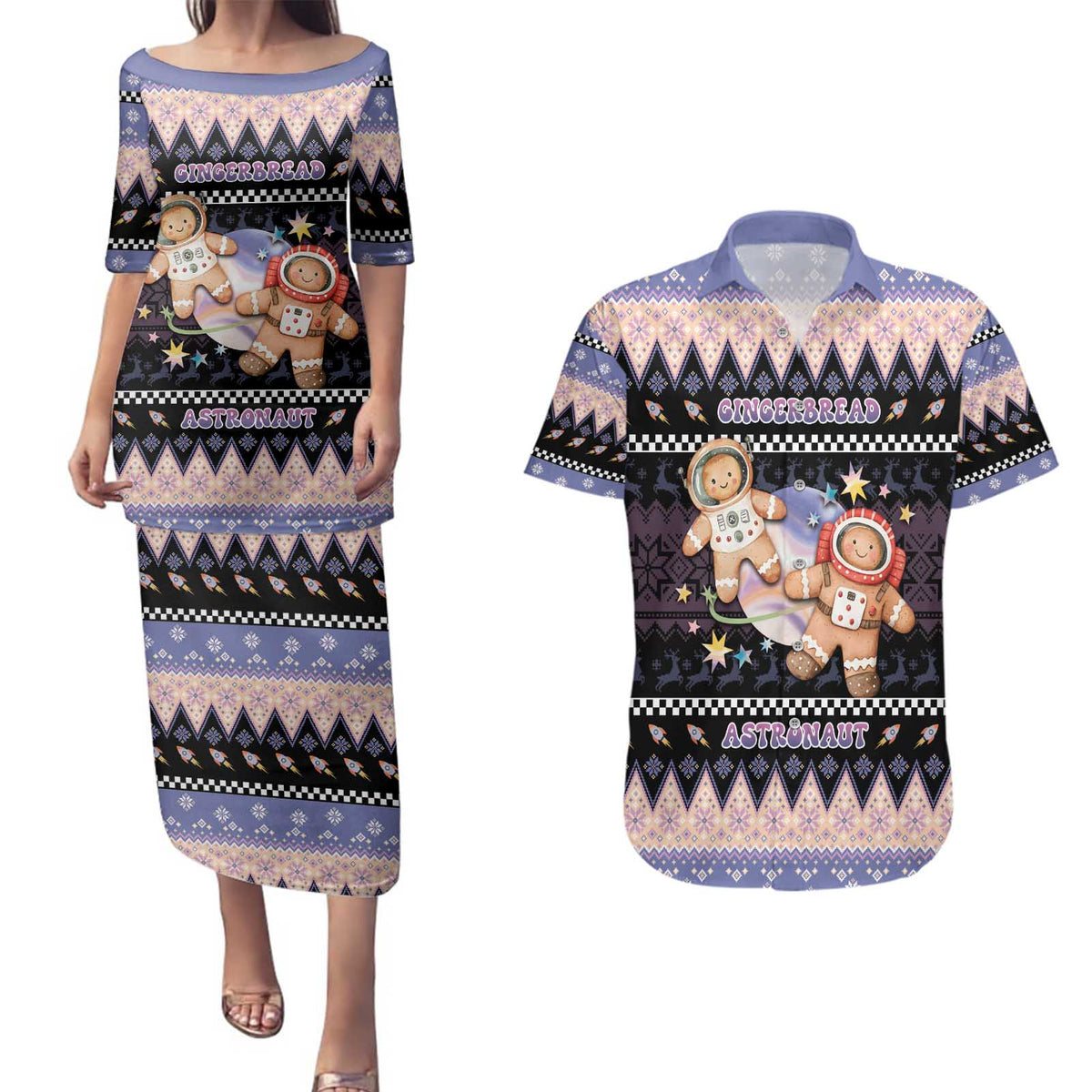 Astronaut Christmas Couples Matching Puletasi and Hawaiian Shirt Gingerbread In Space - Wonder Print Shop