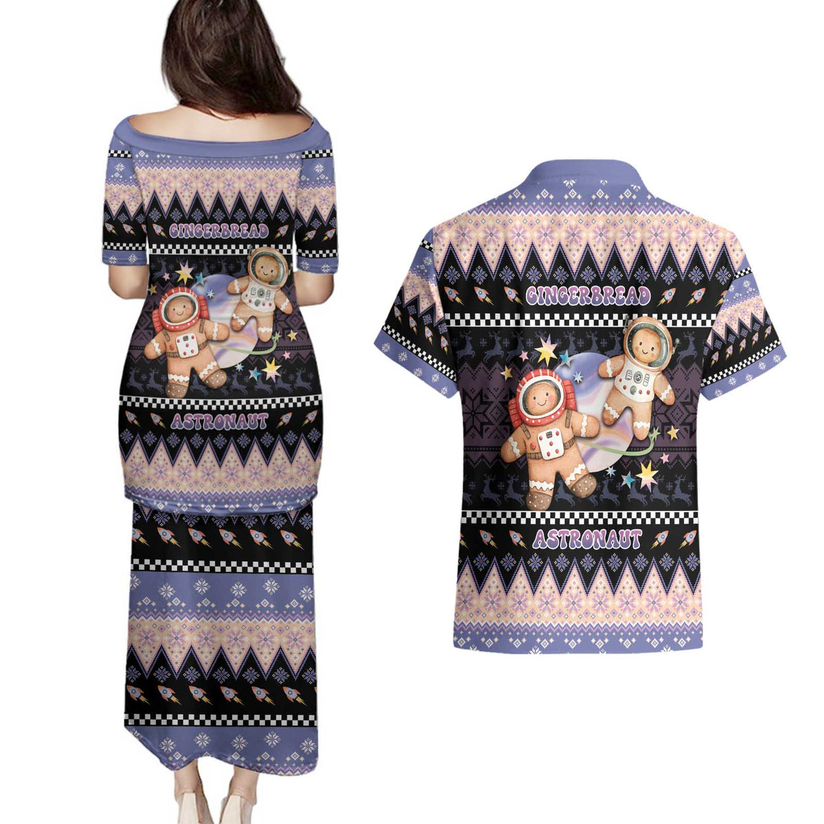 Astronaut Christmas Couples Matching Puletasi and Hawaiian Shirt Gingerbread In Space - Wonder Print Shop