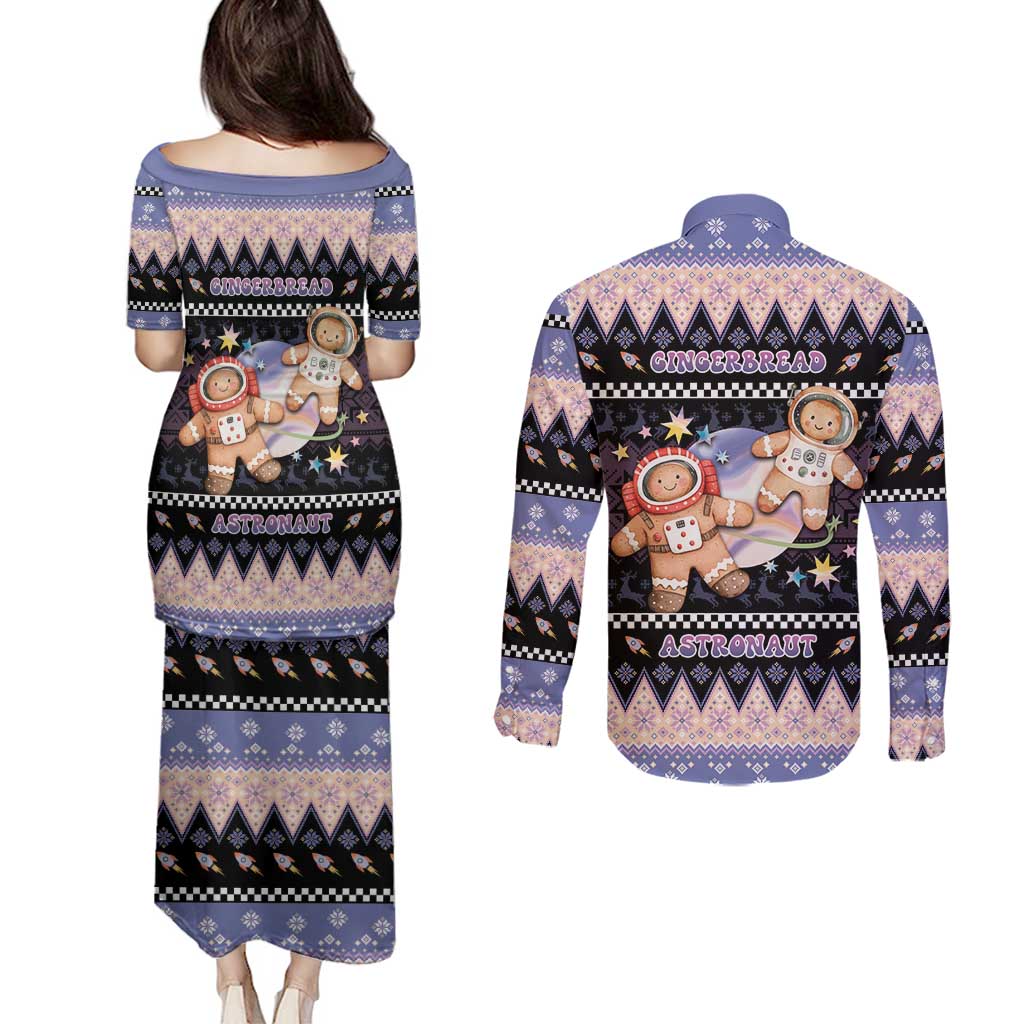 Astronaut Christmas Couples Matching Puletasi and Long Sleeve Button Shirt Gingerbread In Space - Wonder Print Shop