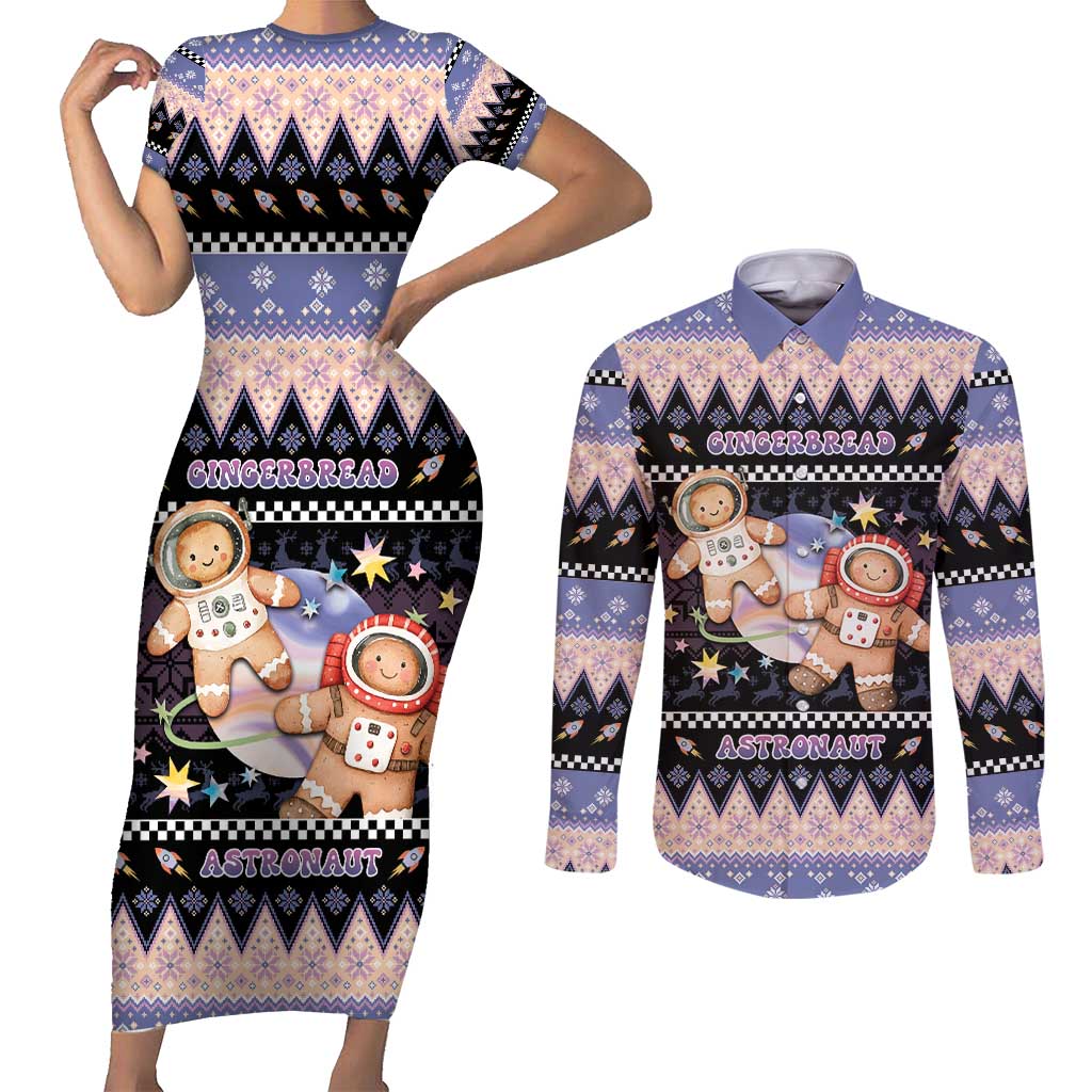 Astronaut Christmas Couples Matching Short Sleeve Bodycon Dress and Long Sleeve Button Shirt Gingerbread In Space - Wonder Print Shop