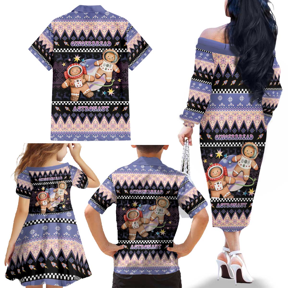 Astronaut Christmas Family Matching Off The Shoulder Long Sleeve Dress and Hawaiian Shirt Gingerbread In Space - Wonder Print Shop