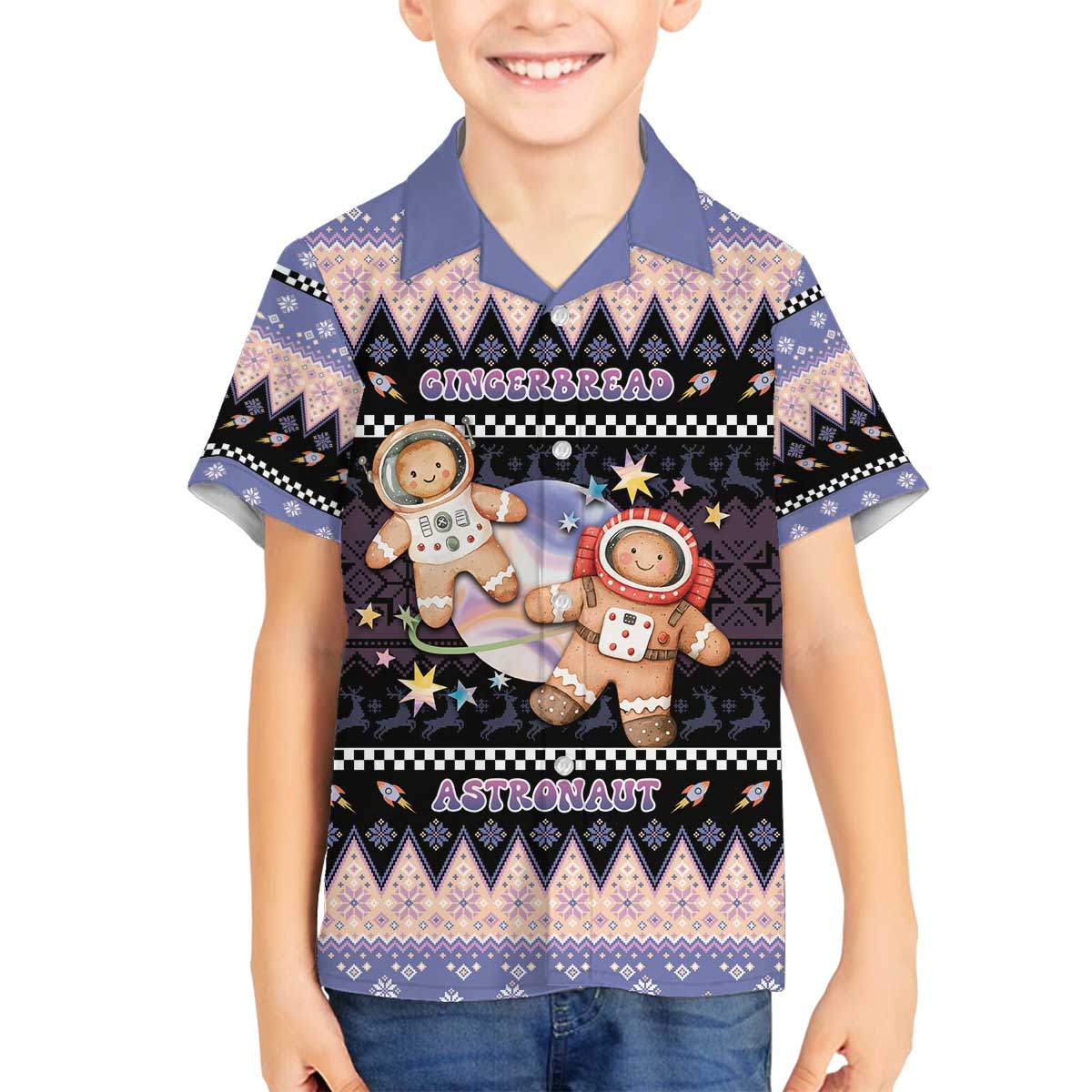 Astronaut Christmas Family Matching Off The Shoulder Long Sleeve Dress and Hawaiian Shirt Gingerbread In Space - Wonder Print Shop