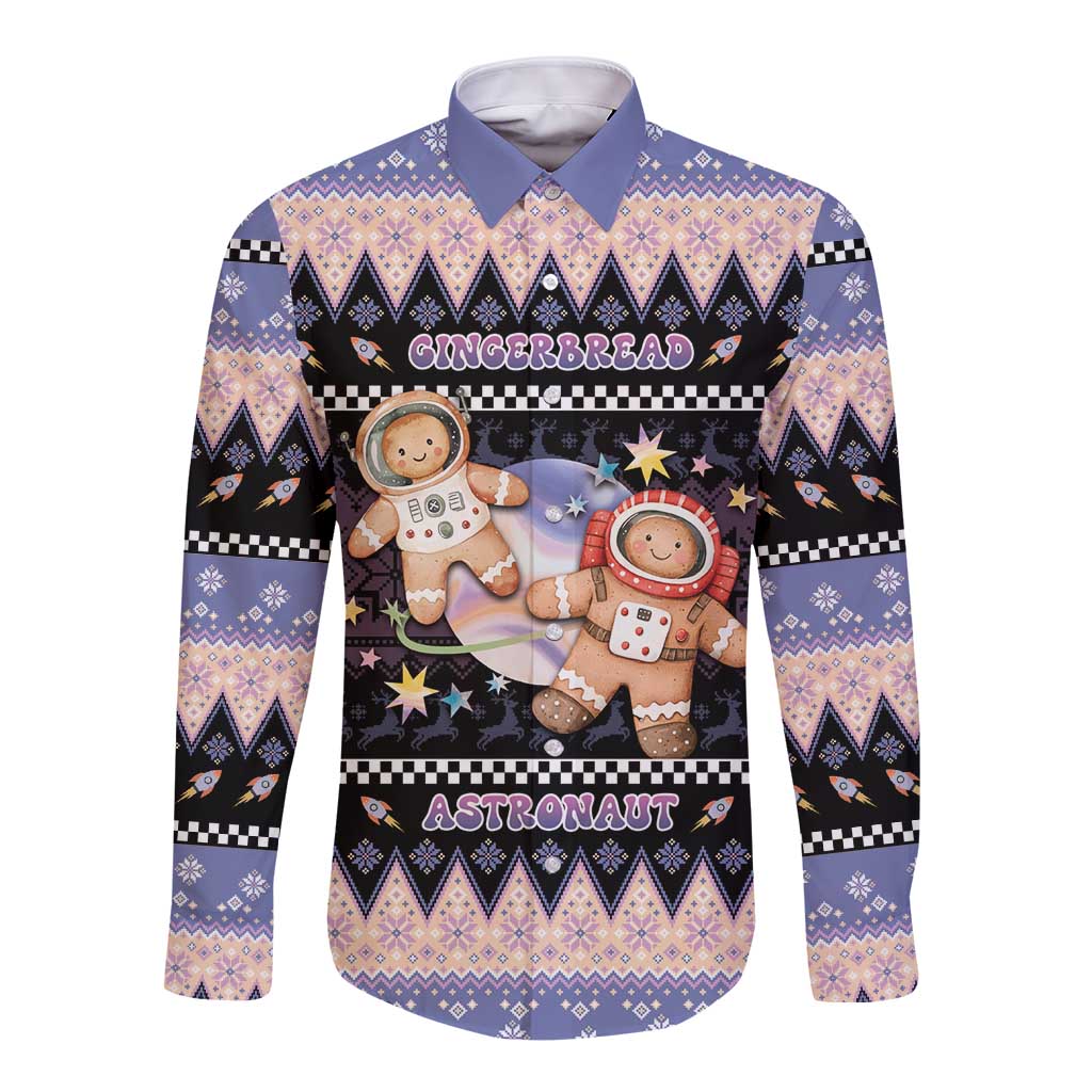 Astronaut Christmas Long Sleeve Button Shirt Gingerbread In Space - Wonder Print Shop