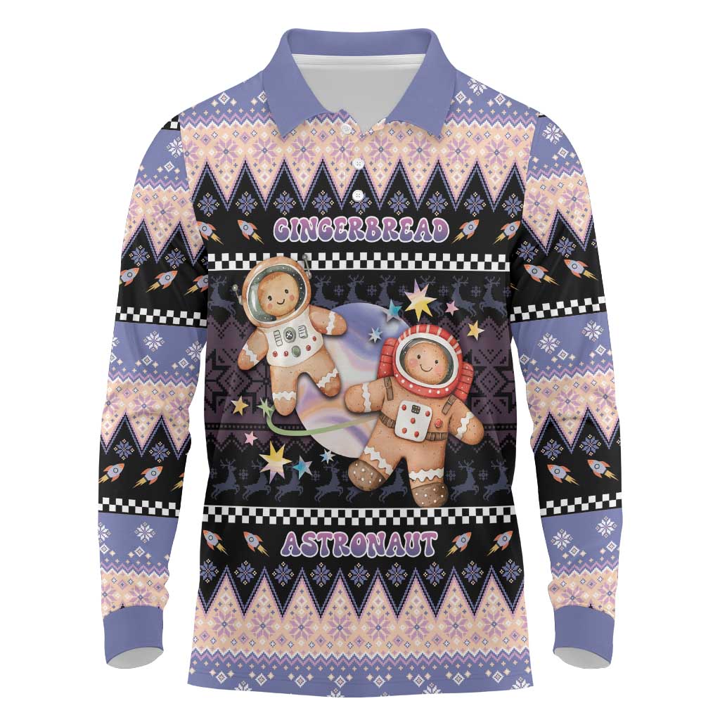 Astronaut Christmas Long Sleeve Polo Shirt Gingerbread In Space - Wonder Print Shop