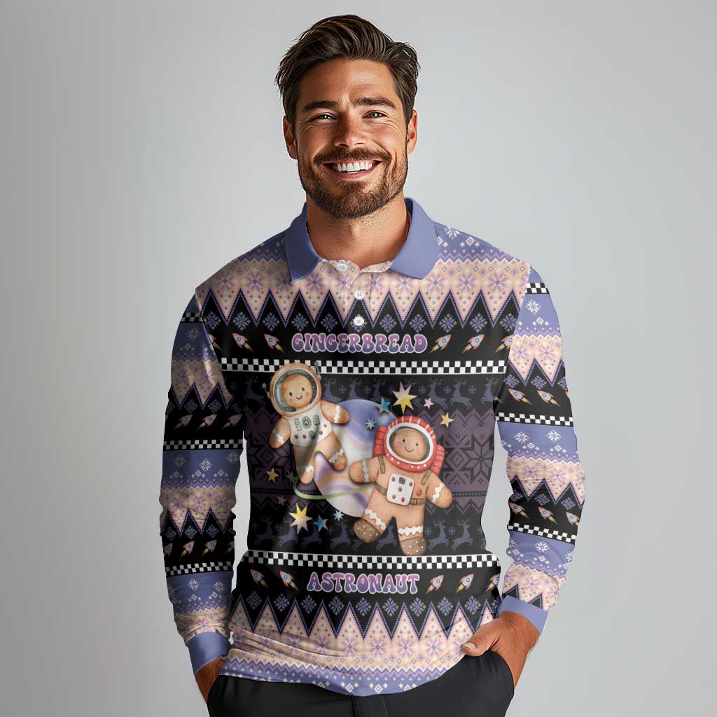 Astronaut Christmas Long Sleeve Polo Shirt Gingerbread In Space - Wonder Print Shop