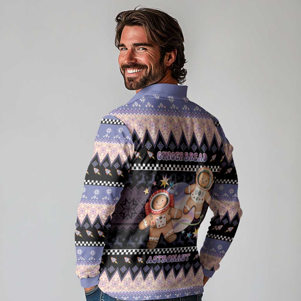 Astronaut Christmas Long Sleeve Polo Shirt Gingerbread In Space - Wonder Print Shop
