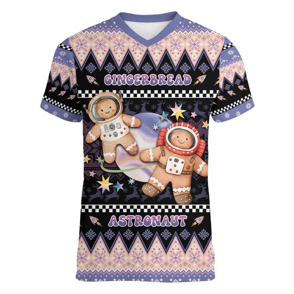 Astronaut Christmas Women V-Neck T-Shirt Gingerbread In Space - Wonder Print Shop