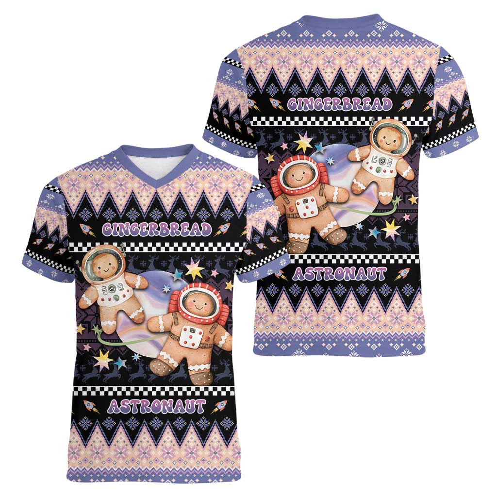 Astronaut Christmas Women V-Neck T-Shirt Gingerbread In Space - Wonder Print Shop