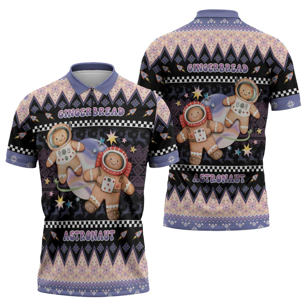 Astronaut Christmas Zipper Polo Shirt Gingerbread In Space - Wonder Print Shop
