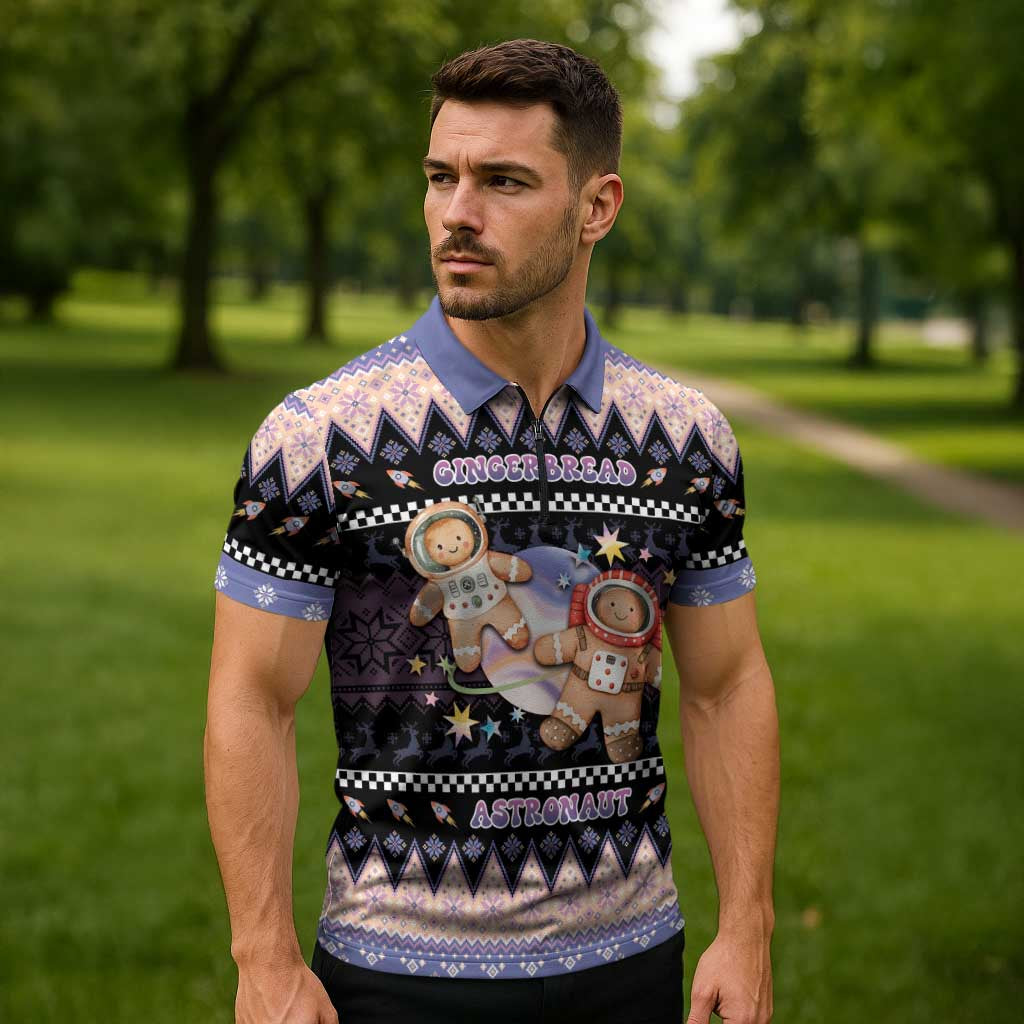 Astronaut Christmas Zipper Polo Shirt Gingerbread In Space - Wonder Print Shop