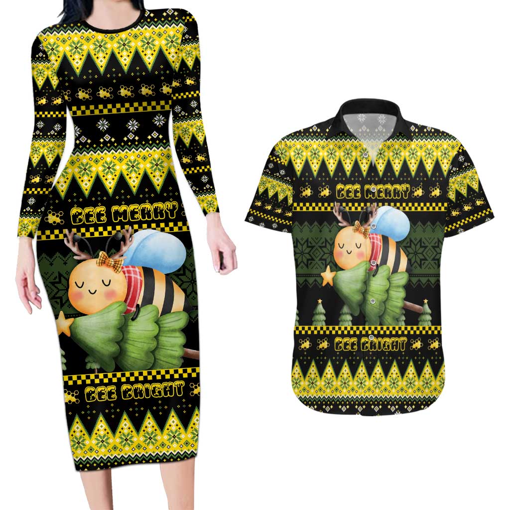 Bee Christmas Couples Matching Long Sleeve Bodycon Dress and Hawaiian Shirt Cute Bumblebee - Wonder Print Shop