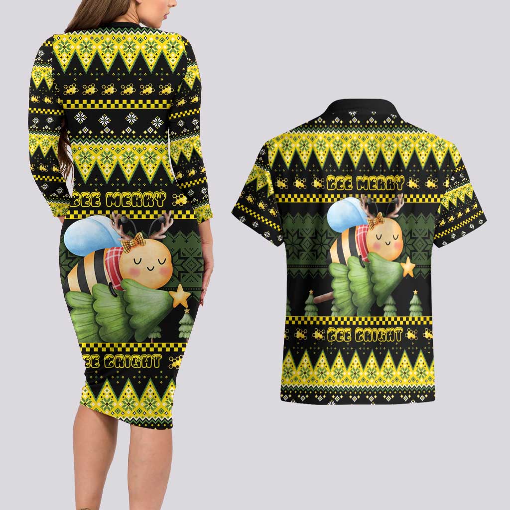 Bee Christmas Couples Matching Long Sleeve Bodycon Dress and Hawaiian Shirt Cute Bumblebee - Wonder Print Shop