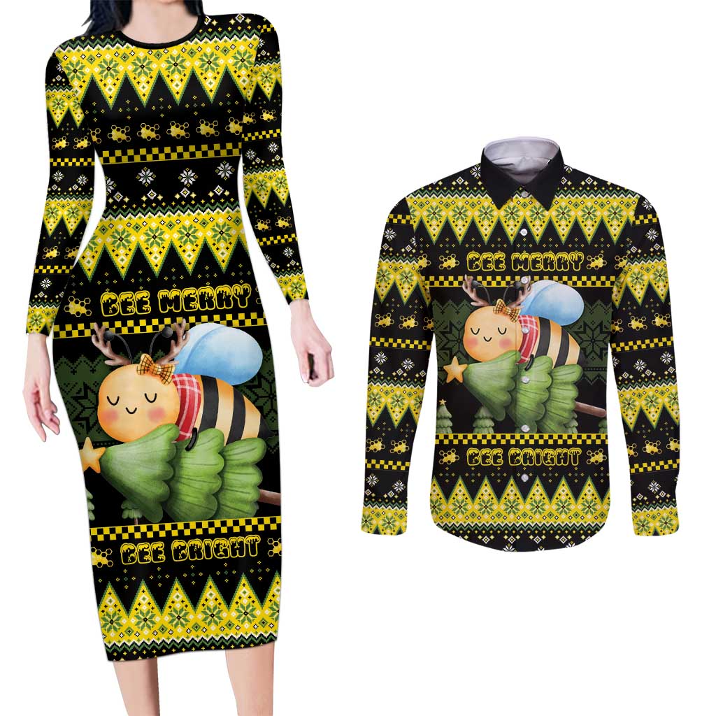 Bee Christmas Couples Matching Long Sleeve Bodycon Dress and Long Sleeve Button Shirt Cute Bumblebee - Wonder Print Shop