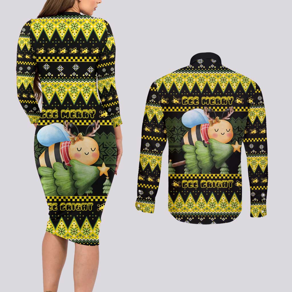 Bee Christmas Couples Matching Long Sleeve Bodycon Dress and Long Sleeve Button Shirt Cute Bumblebee - Wonder Print Shop
