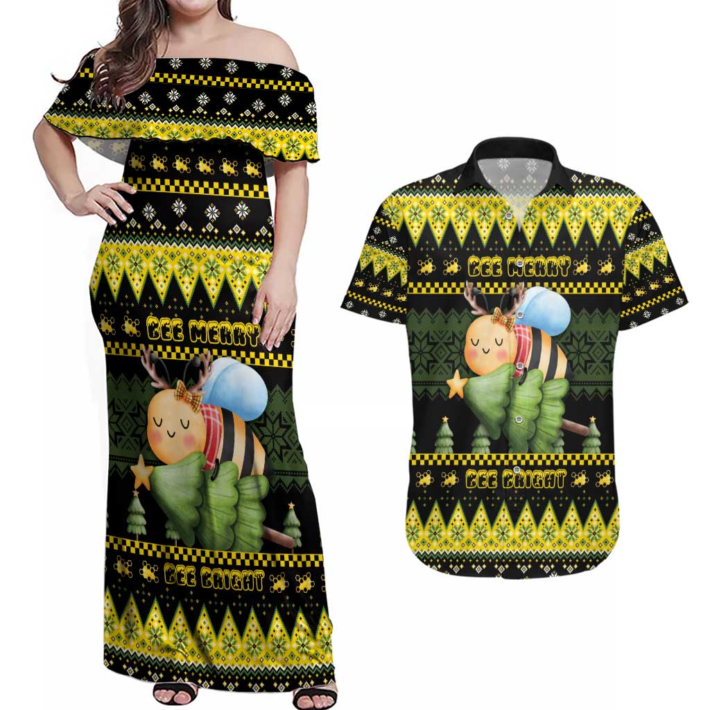 Bee Christmas Couples Matching Off Shoulder Maxi Dress and Hawaiian Shirt Cute Bumblebee - Wonder Print Shop