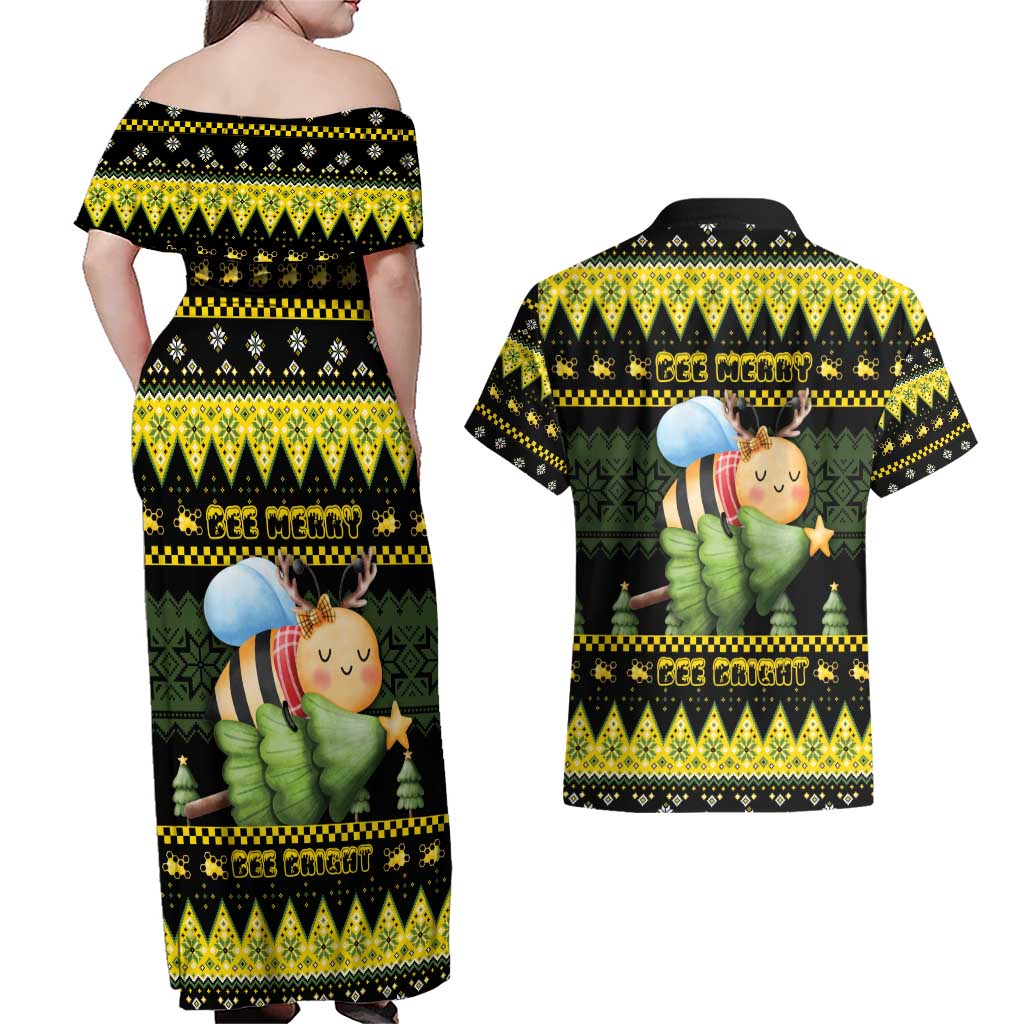 Bee Christmas Couples Matching Off Shoulder Maxi Dress and Hawaiian Shirt Cute Bumblebee - Wonder Print Shop
