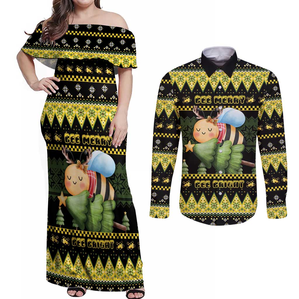 Bee Christmas Couples Matching Off Shoulder Maxi Dress and Long Sleeve Button Shirt Cute Bumblebee - Wonder Print Shop
