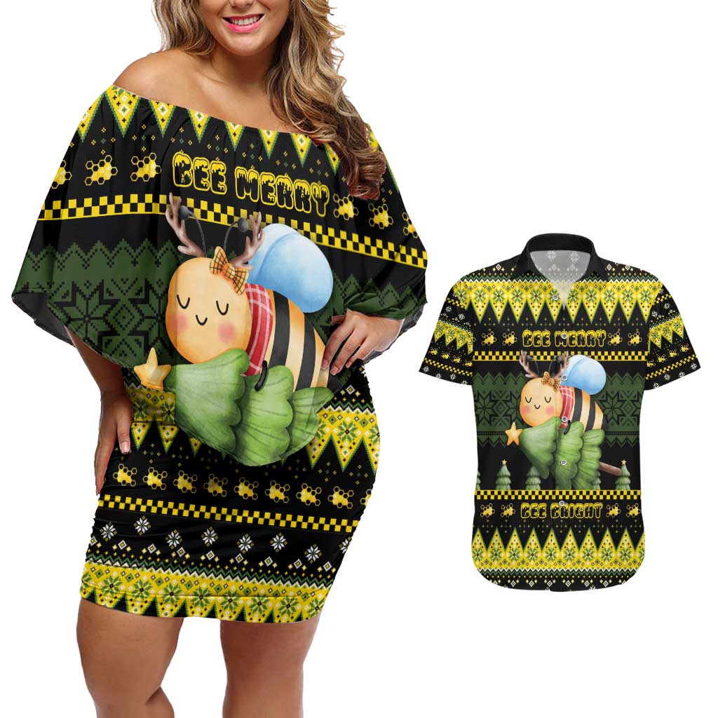 Bee Christmas Couples Matching Off Shoulder Short Dress and Hawaiian Shirt Cute Bumblebee - Wonder Print Shop