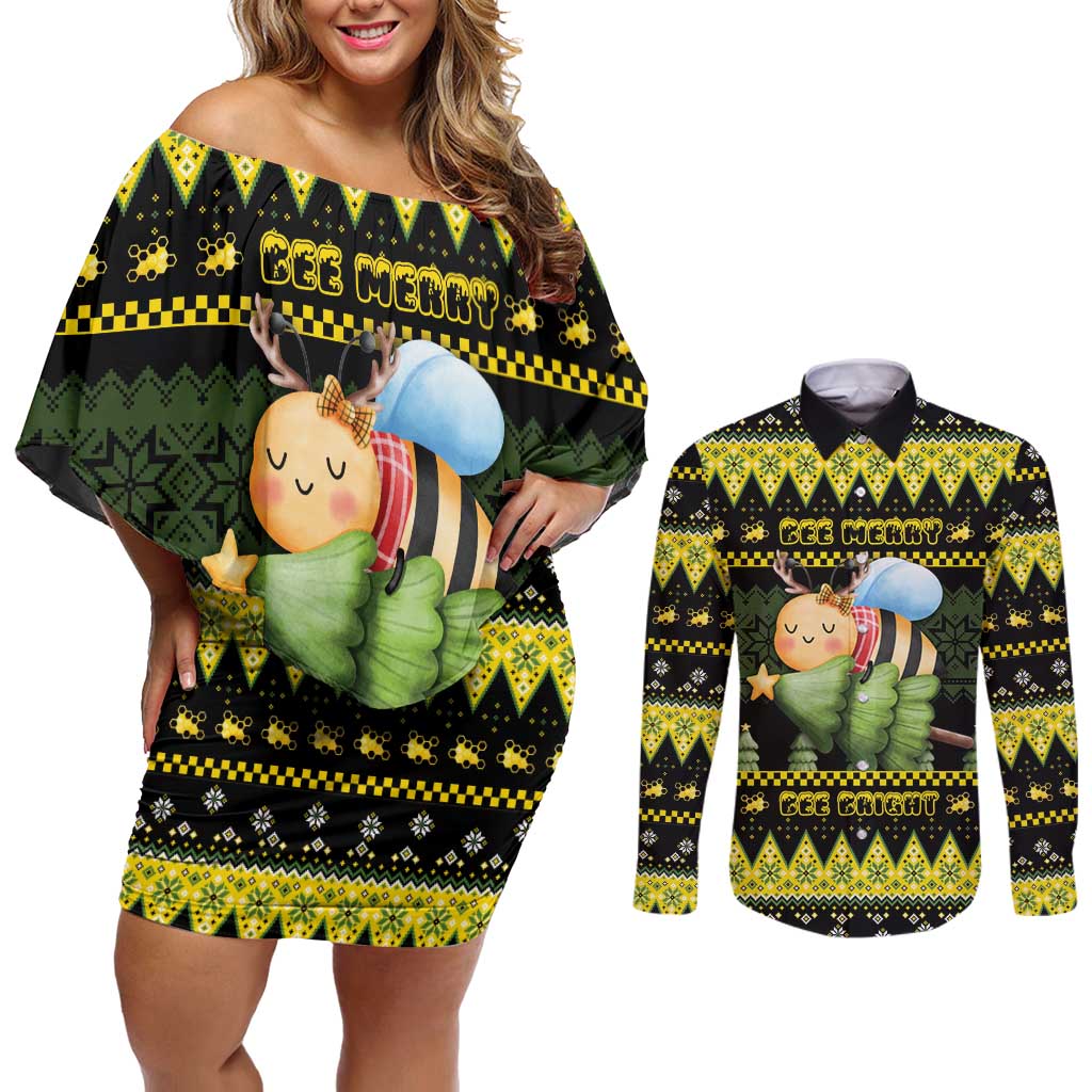 Bee Christmas Couples Matching Off Shoulder Short Dress and Long Sleeve Button Shirt Cute Bumblebee - Wonder Print Shop