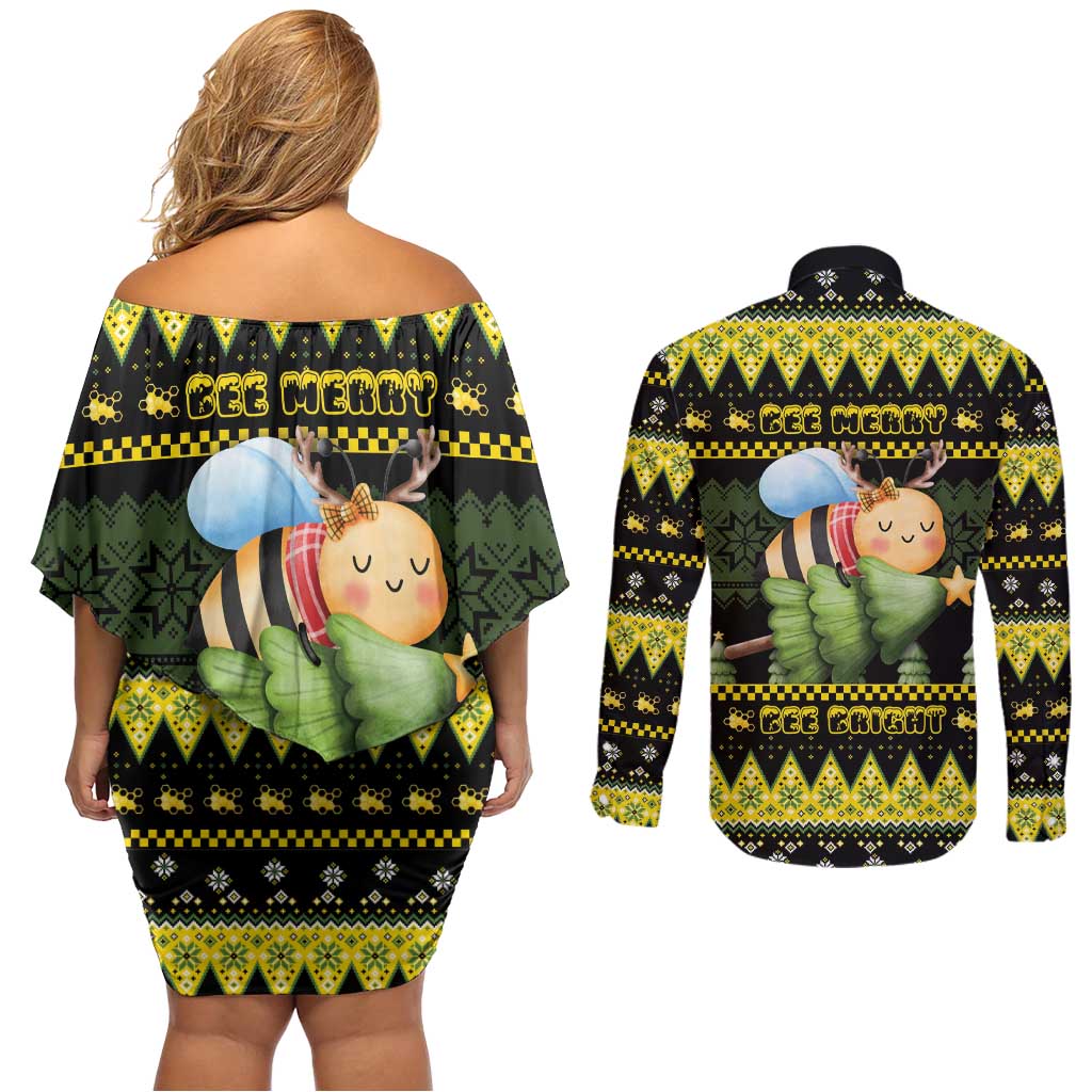Bee Christmas Couples Matching Off Shoulder Short Dress and Long Sleeve Button Shirt Cute Bumblebee - Wonder Print Shop
