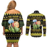 Bee Christmas Couples Matching Off Shoulder Short Dress and Long Sleeve Button Shirt Cute Bumblebee - Wonder Print Shop