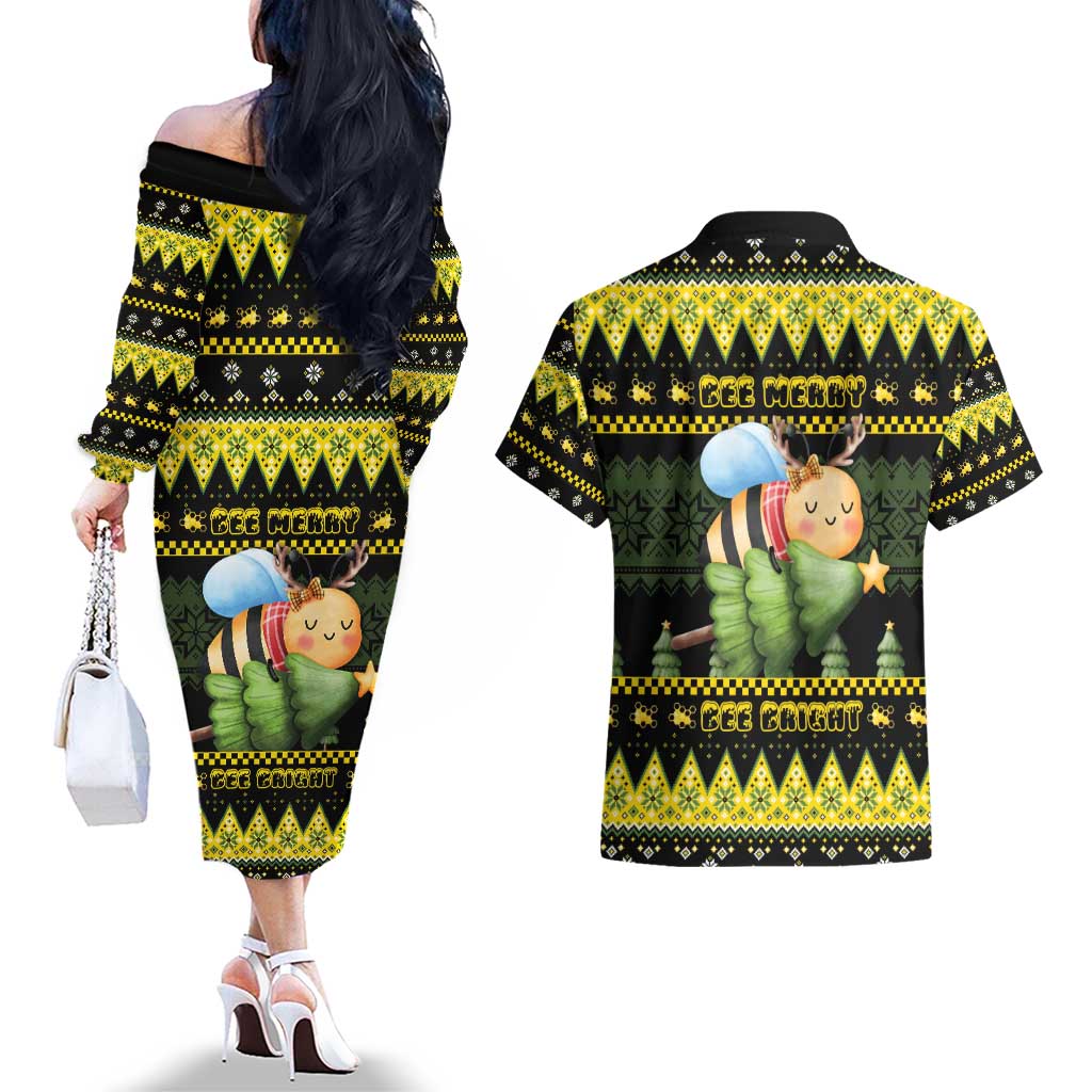 Bee Christmas Couples Matching Off The Shoulder Long Sleeve Dress and Hawaiian Shirt Cute Bumblebee - Wonder Print Shop