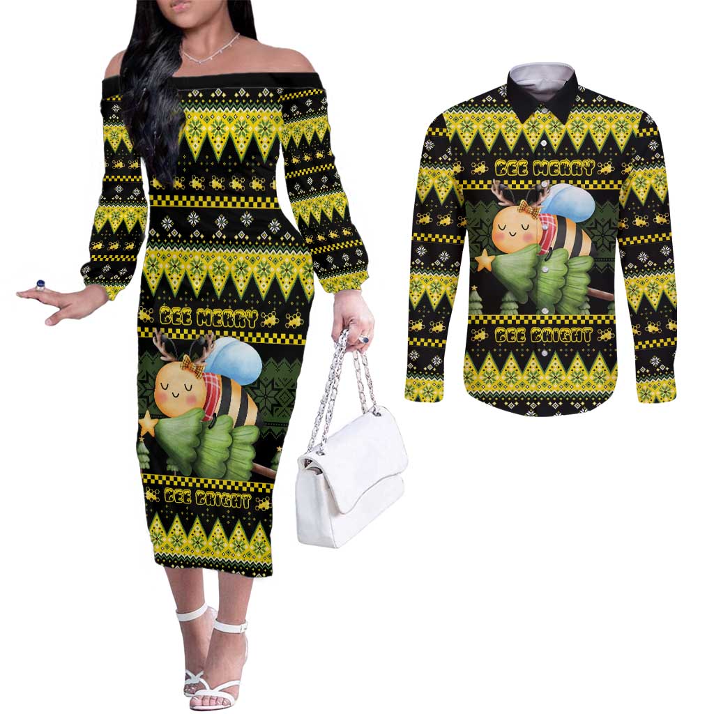 Bee Christmas Couples Matching Off The Shoulder Long Sleeve Dress and Long Sleeve Button Shirt Cute Bumblebee - Wonder Print Shop