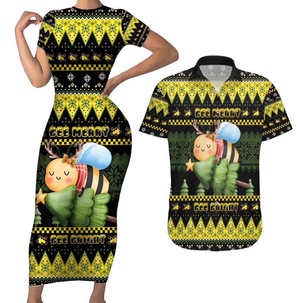 Bee Christmas Couples Matching Short Sleeve Bodycon Dress and Hawaiian Shirt Cute Bumblebee - Wonder Print Shop