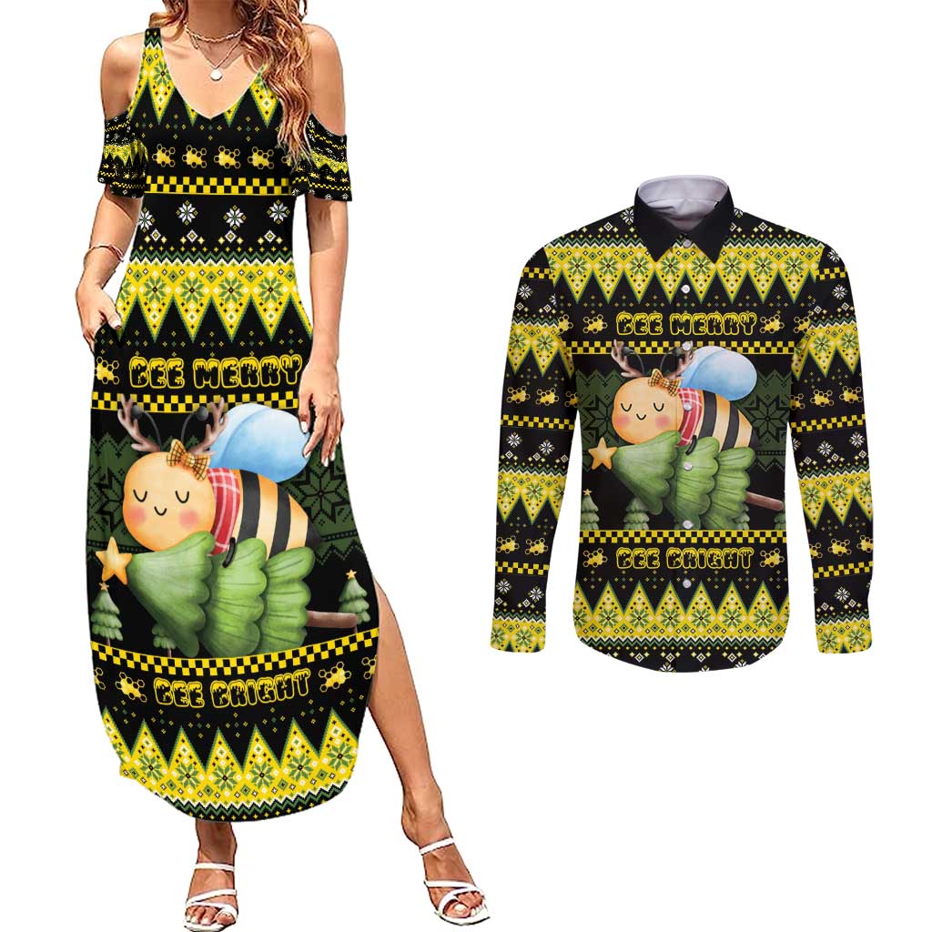 Bee Christmas Couples Matching Summer Maxi Dress and Long Sleeve Button Shirt Cute Bumblebee - Wonder Print Shop