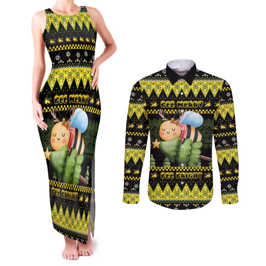 Bee Christmas Couples Matching Tank Maxi Dress and Long Sleeve Button Shirt Cute Bumblebee - Wonder Print Shop