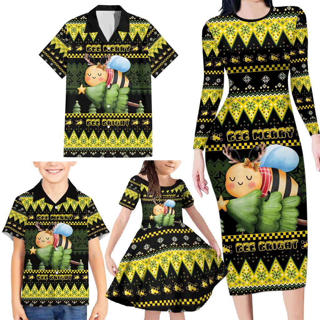 Bee Christmas Family Matching Long Sleeve Bodycon Dress and Hawaiian Shirt Cute Bumblebee - Wonder Print Shop