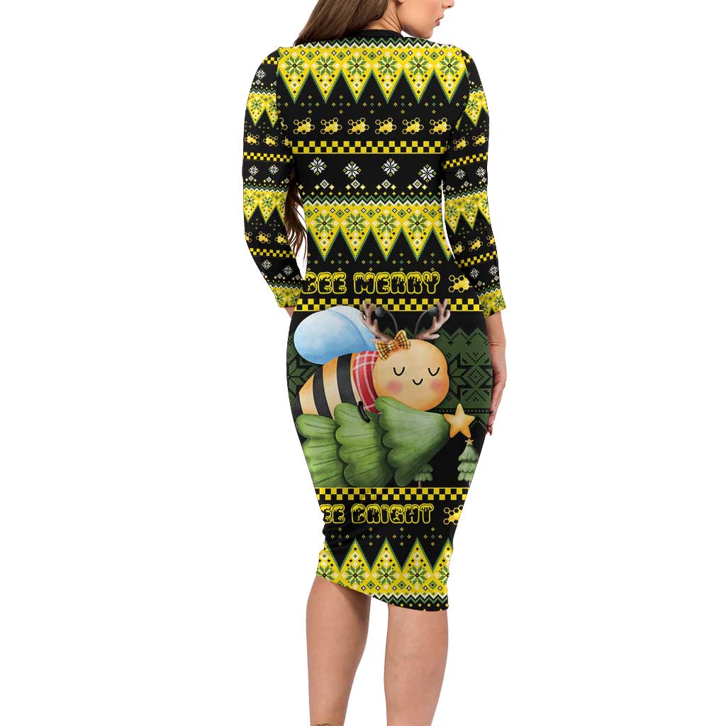 Bee Christmas Family Matching Long Sleeve Bodycon Dress and Hawaiian Shirt Cute Bumblebee - Wonder Print Shop