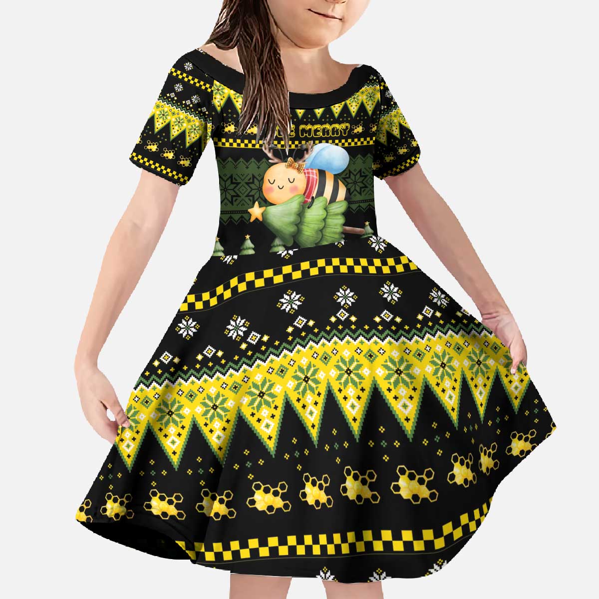 Bee Christmas Family Matching Off The Shoulder Long Sleeve Dress and Hawaiian Shirt Cute Bumblebee - Wonder Print Shop