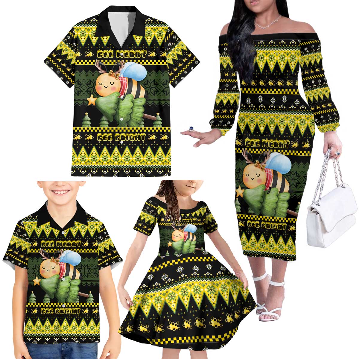 Bee Christmas Family Matching Off The Shoulder Long Sleeve Dress and Hawaiian Shirt Cute Bumblebee - Wonder Print Shop