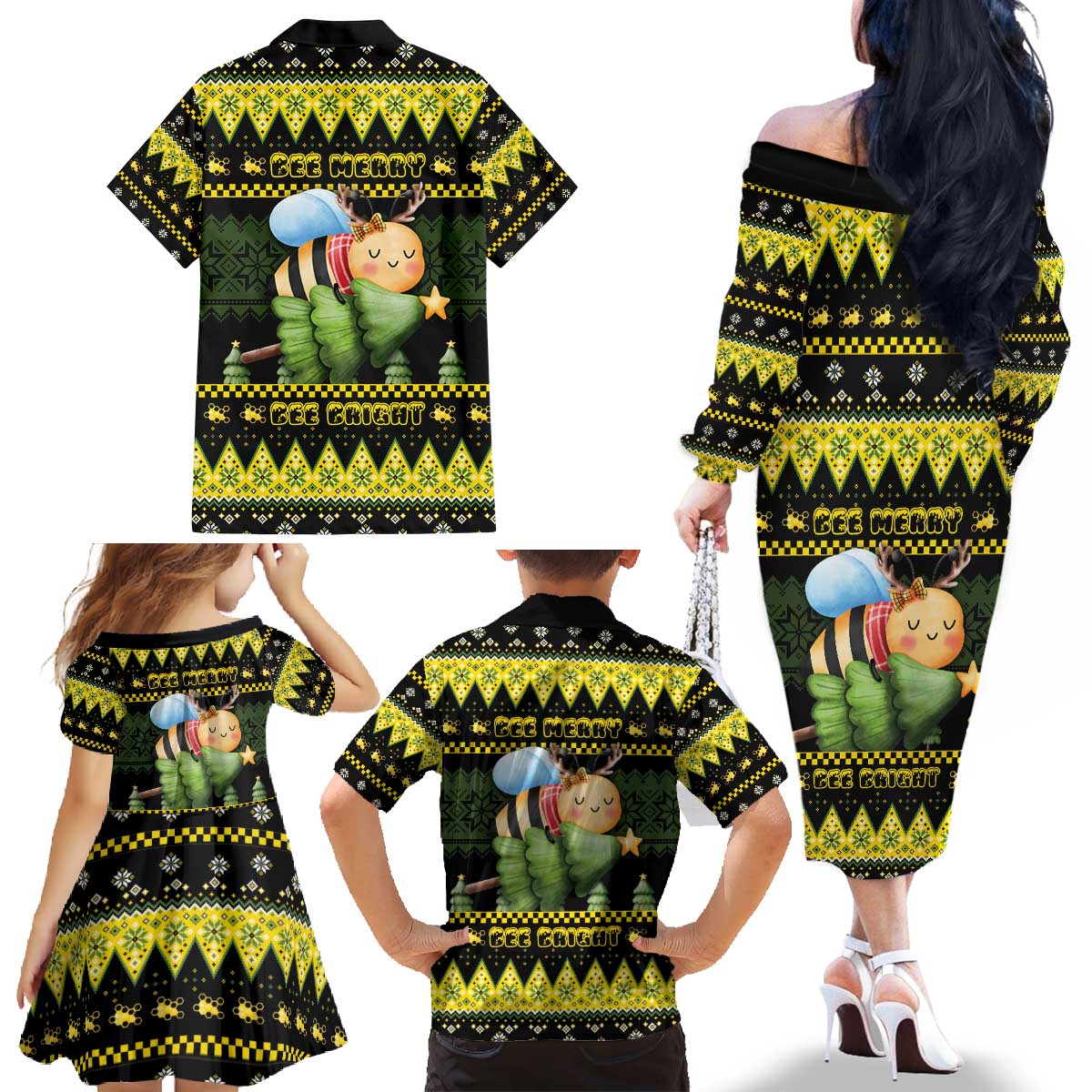 Bee Christmas Family Matching Off The Shoulder Long Sleeve Dress and Hawaiian Shirt Cute Bumblebee - Wonder Print Shop