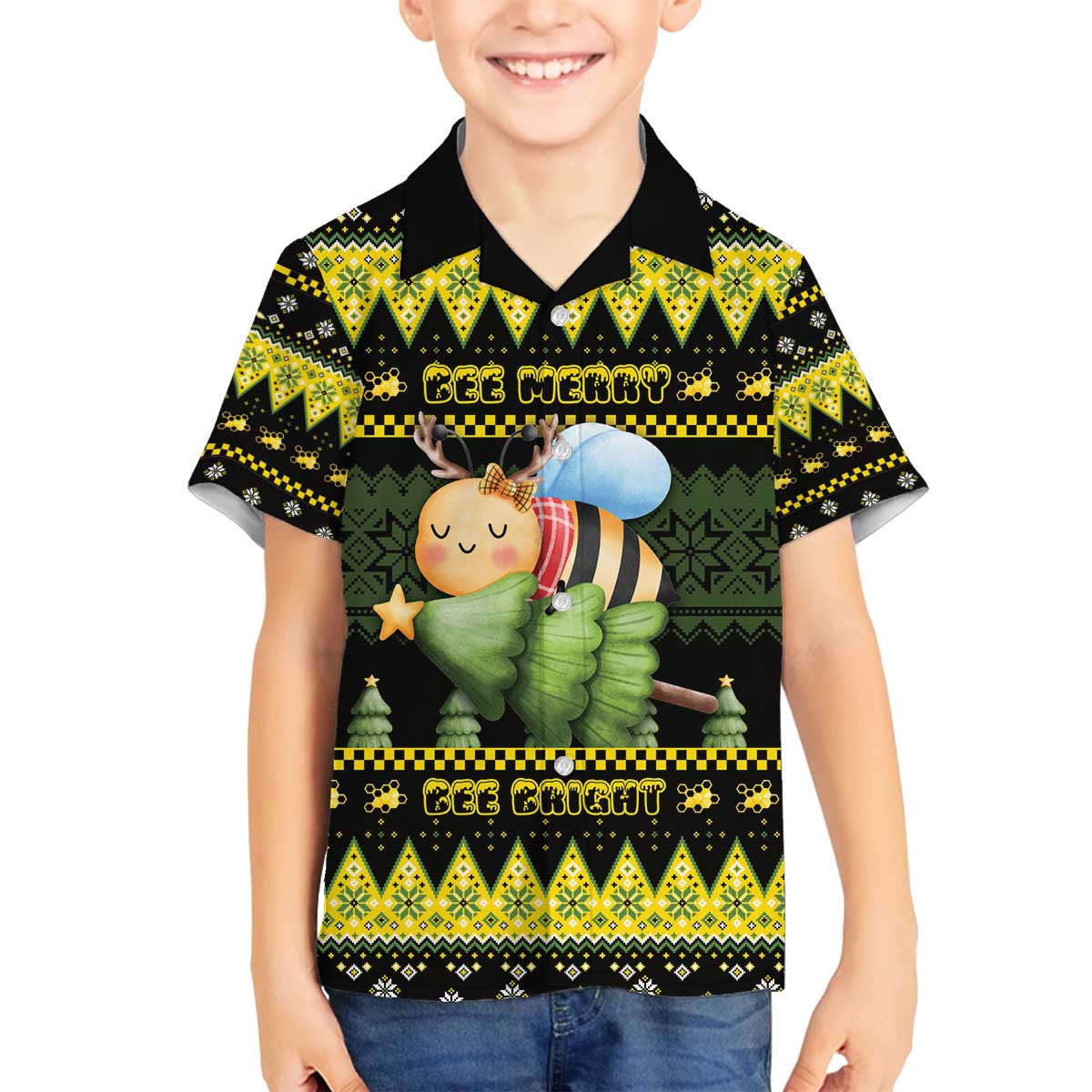 Bee Christmas Family Matching Off The Shoulder Long Sleeve Dress and Hawaiian Shirt Cute Bumblebee - Wonder Print Shop