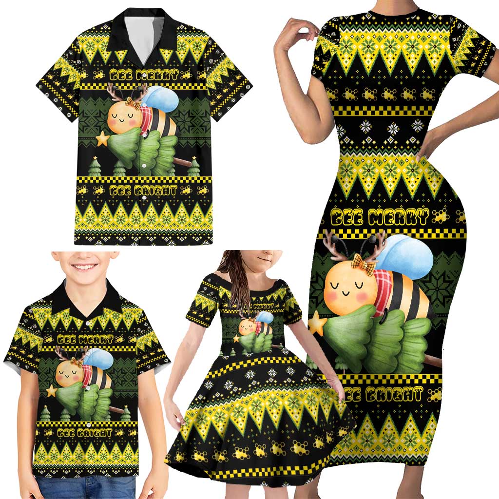 Bee Christmas Family Matching Short Sleeve Bodycon Dress and Hawaiian Shirt Cute Bumblebee - Wonder Print Shop