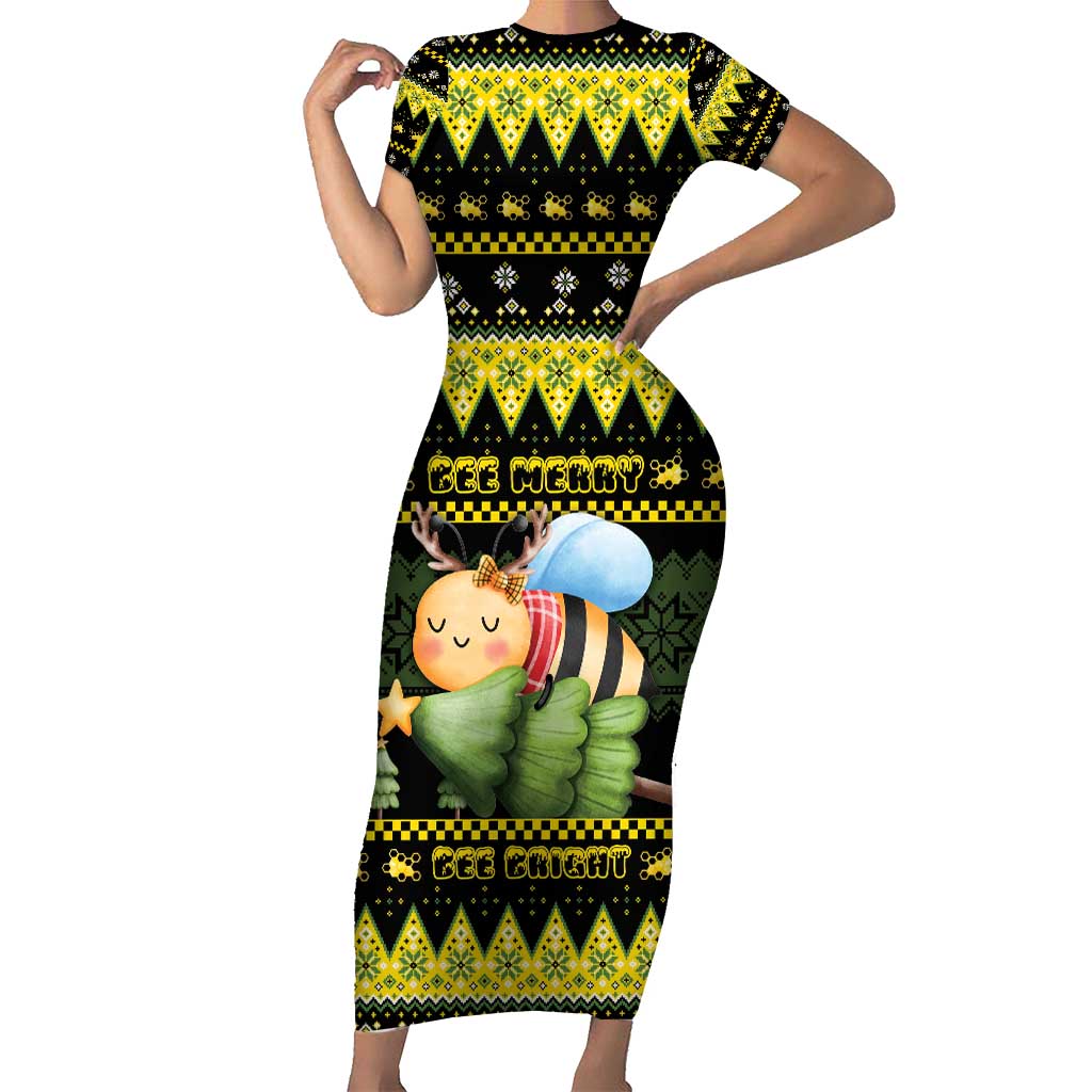 Bee Christmas Family Matching Short Sleeve Bodycon Dress and Hawaiian Shirt Cute Bumblebee - Wonder Print Shop