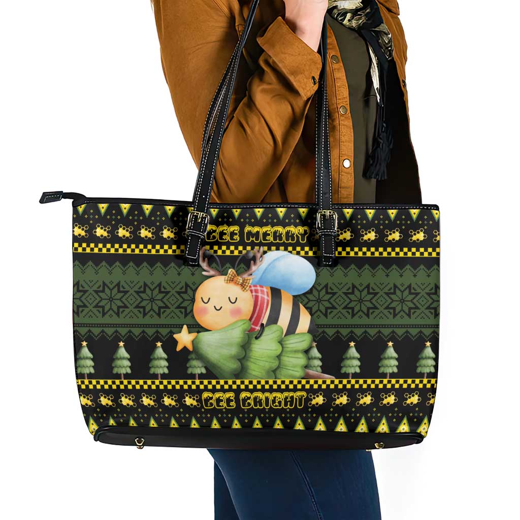 Bee Christmas Leather Tote Bag Cute Bumblebee - Wonder Print Shop