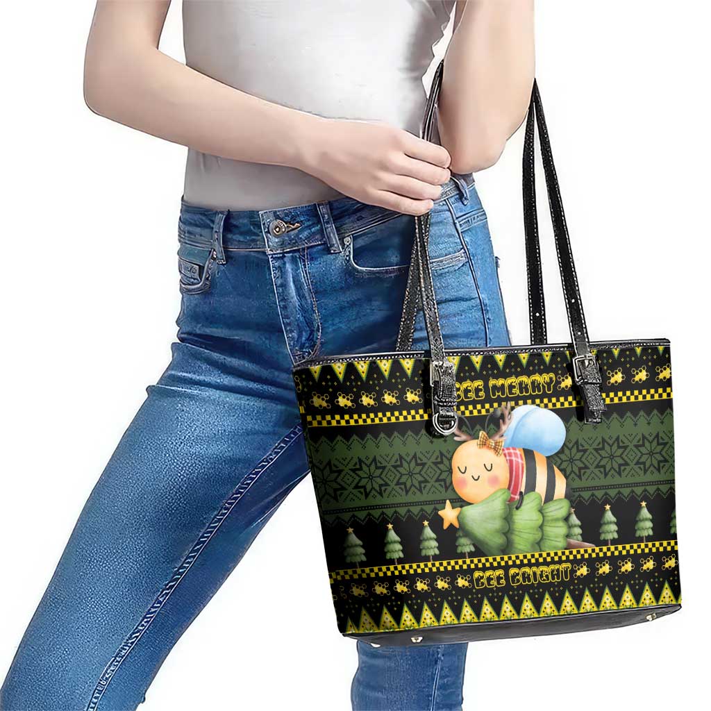 Bee Christmas Leather Tote Bag Cute Bumblebee - Wonder Print Shop