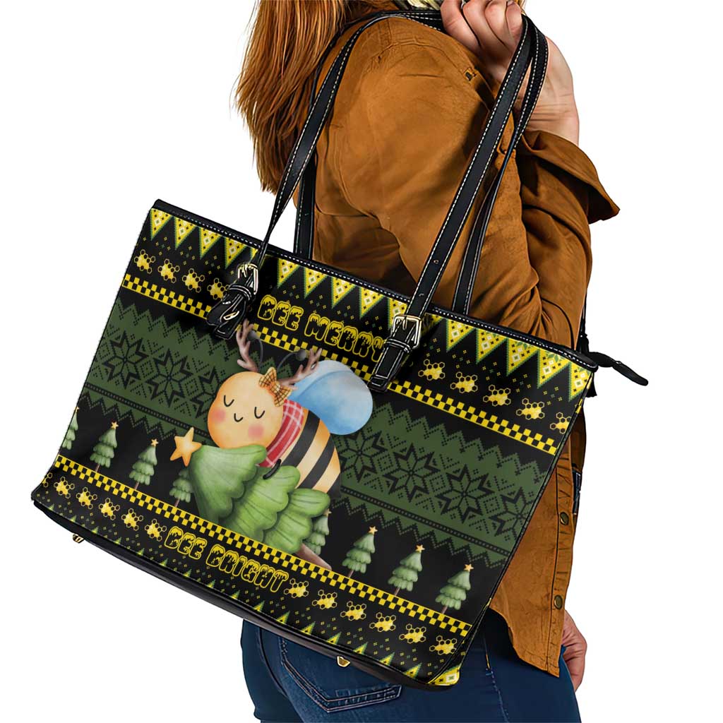 Bee Christmas Leather Tote Bag Cute Bumblebee - Wonder Print Shop