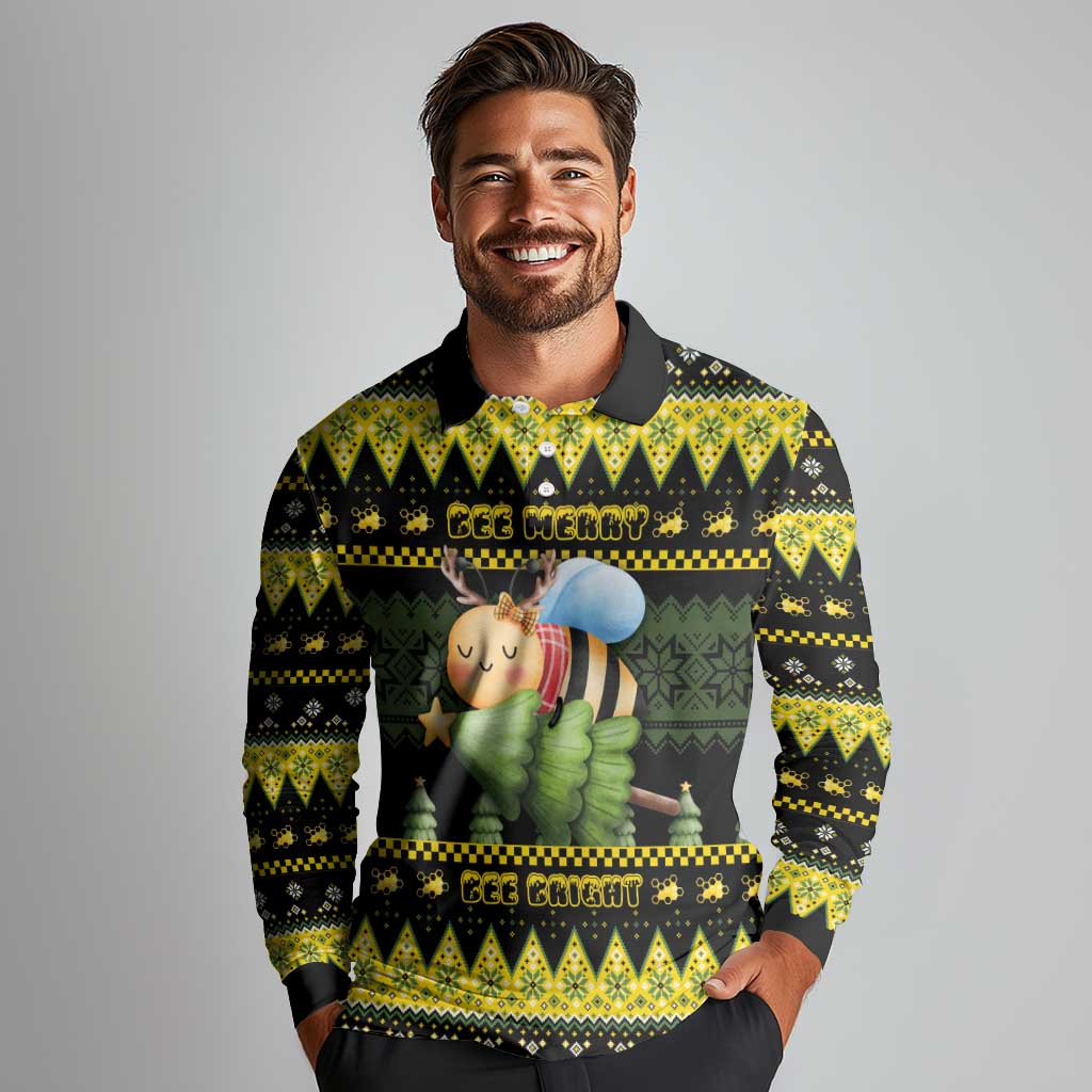 Bee Christmas Long Sleeve Polo Shirt Cute Bumblebee - Wonder Print Shop